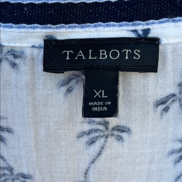 Talbots XL Palm Tree Button Down Shirt White Blue 100% Cotton Resort Top Long - Picture 3 of 9